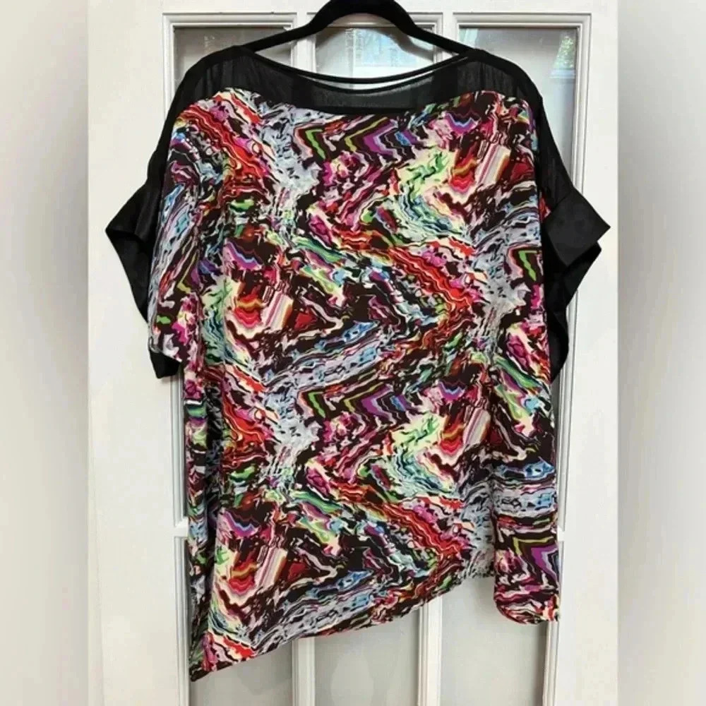 Lafayette 148 Asymmetrical Hem Short Sleeve Multicolor Blouse Size Large L